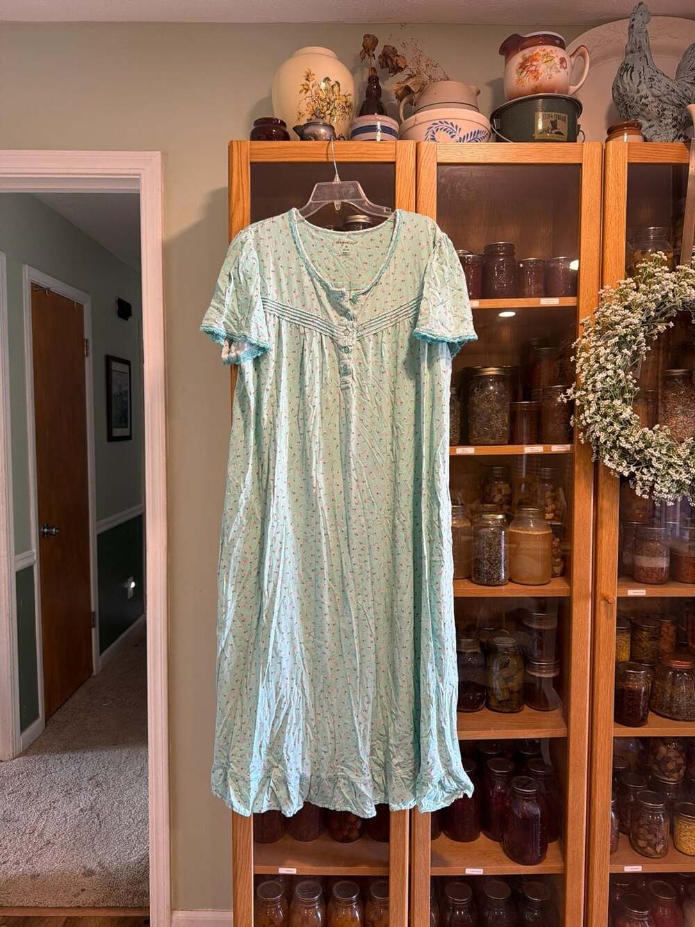 Dreams & Co. Plus Size 1X Mint Green Floral Cotton Knit Short Sleeve Nightgown